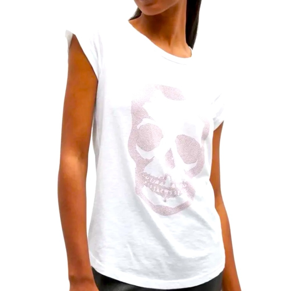 Zadig & Voltaire Skinny Skull Strass White & Pink Tee NWT